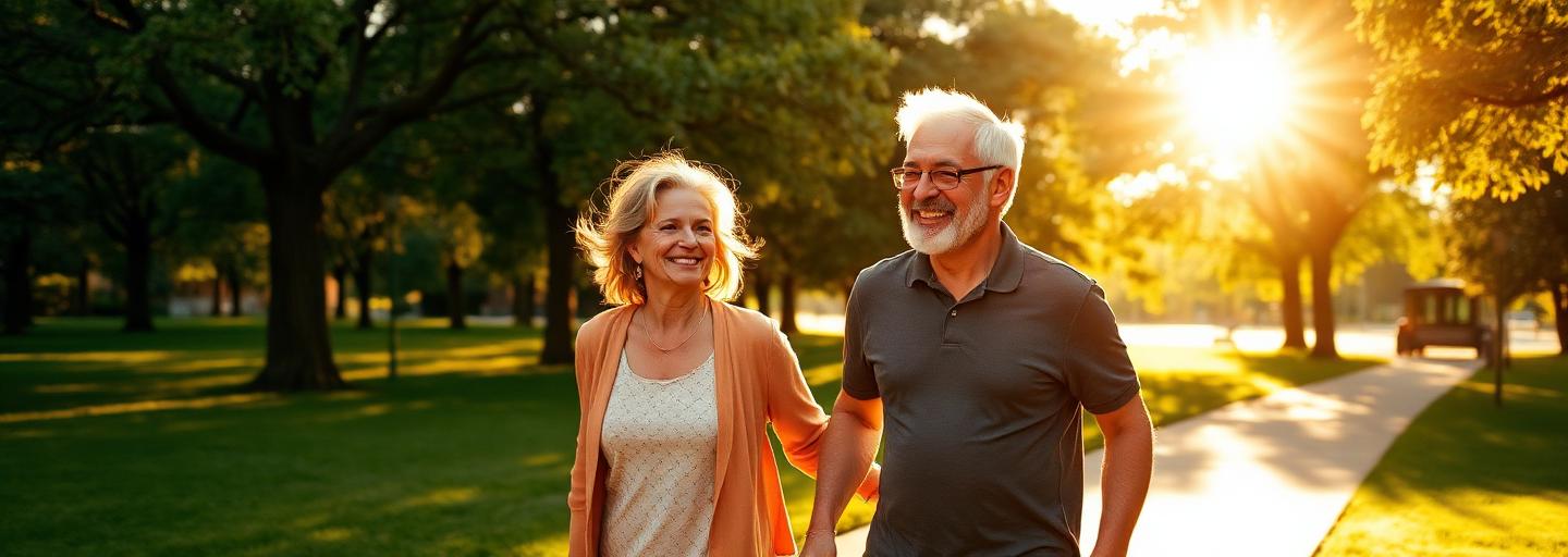 Una pareja caminando en un parque soleado, representando una vida saludable